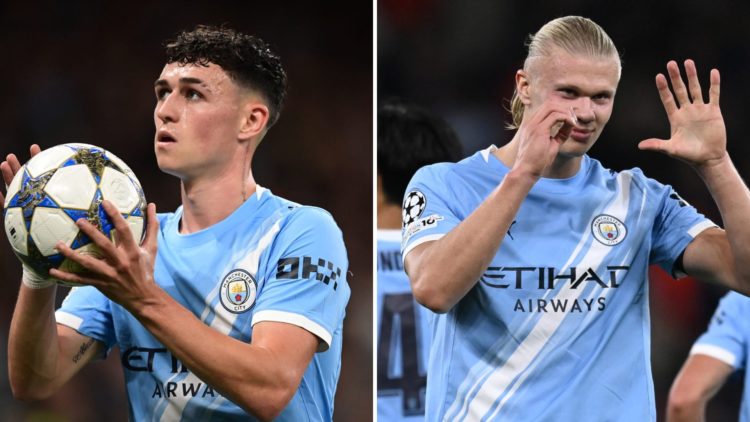 Split Image of Phil Foden looking on during Manchester City's Champions League match against Napoli (left) and Erling Haaland celebrating (right)