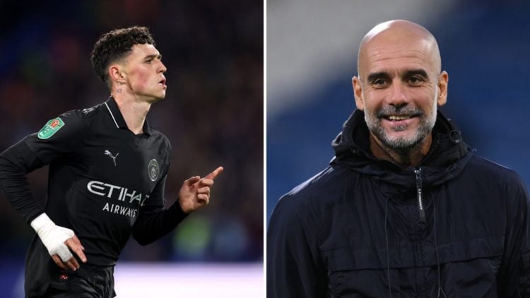 Split Image of Manchester City's Pep Guardiola smiling (right) and Phil Foden celebrating (left)