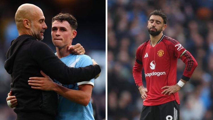 Split Image of Manchester City's Phil Foden and Pep Guardiola hugging (left) and Bruno Fernandes looking frustrated (right)
