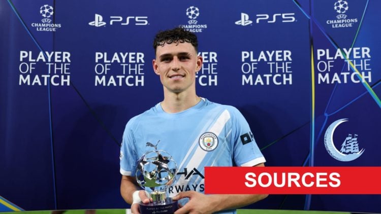 Phil Foden posing with a Player of the Match trophy (main image) with insets of Sources Banner (bottom right corner) and MCN Logo (bottom right cor...