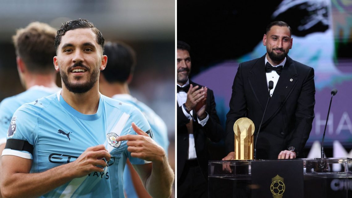 Split Image of Rayan Cherki celebrating (left) and Gianluigi Donnarumma before his speech after winning The Yashin Trophy (right)