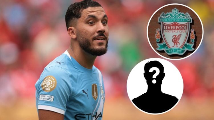 Rayan Cherki looking on (main image) with insets of Liverpool badge (top right corner) and mystery player (bottom right corner)