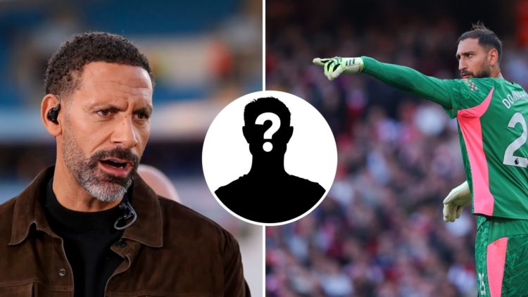 Split Image of Rio Ferdinand looking on (left) and Gianluigi Donnarumma in action during Arsenal's match against Manchester City (right) with inset...