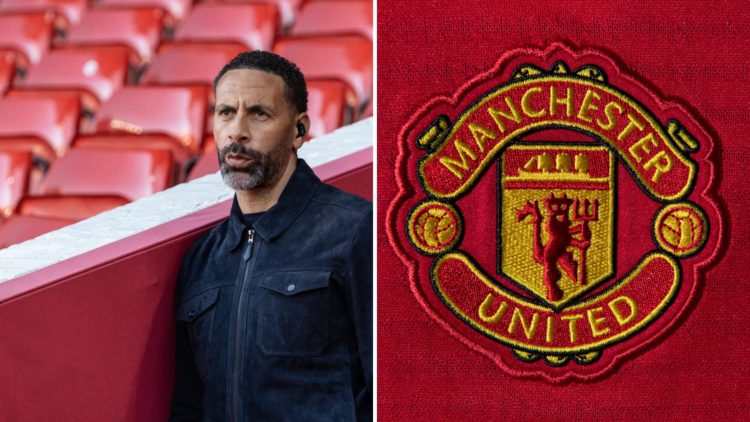 Split Image of Rio Ferdinand looking on (left) and Manchester United crest (right)