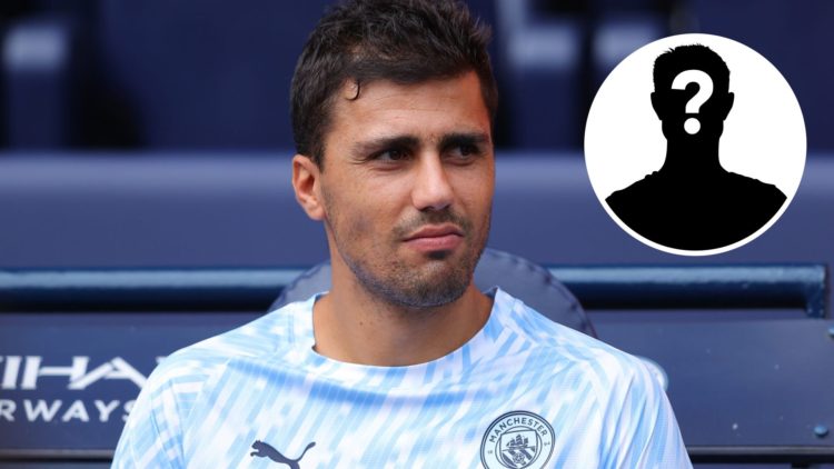Manchester City's Rodri looking on (main image) with inset of mystery player (top right corner)