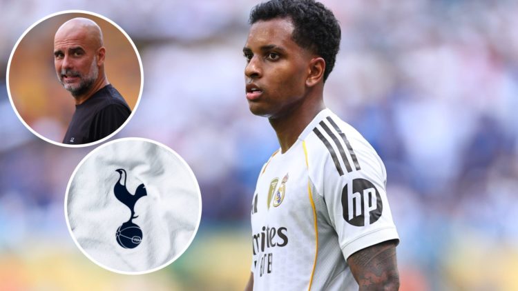 Rodrygo in action (main image) with insets of Pep Guardiola looking on (top left corner) with inset of Tottenham Hotspur badge (bottom left corner)