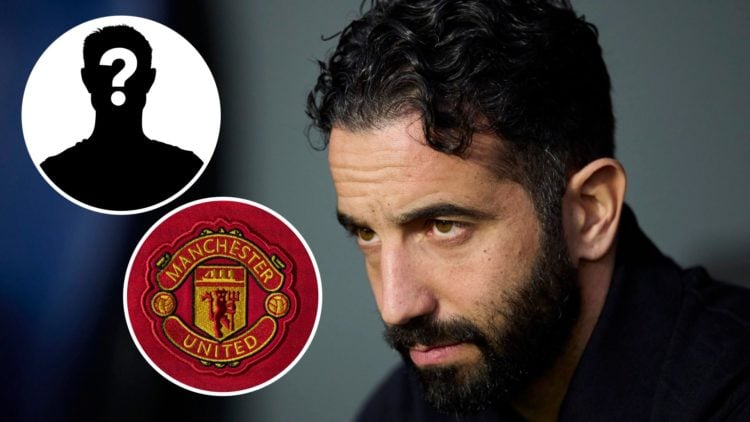 Ruben Amorim looking on (main image) with insets of Manchester United crest (bottom left corner) and mystery player (top left corner)