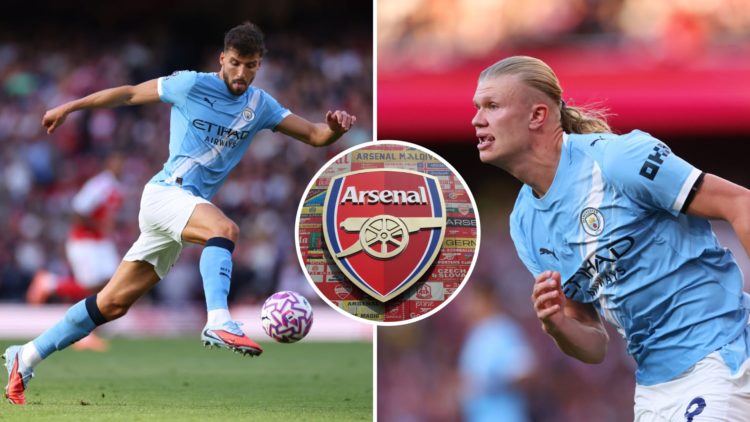 Split Image of Ruben Dias in action (left) and Erling Haaland looking on (right) with inset of Arsenal badge (middle)