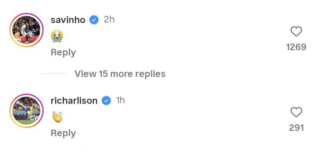 Savinho and Richarlison react to Ederson's Manchester City farewell on Instagram