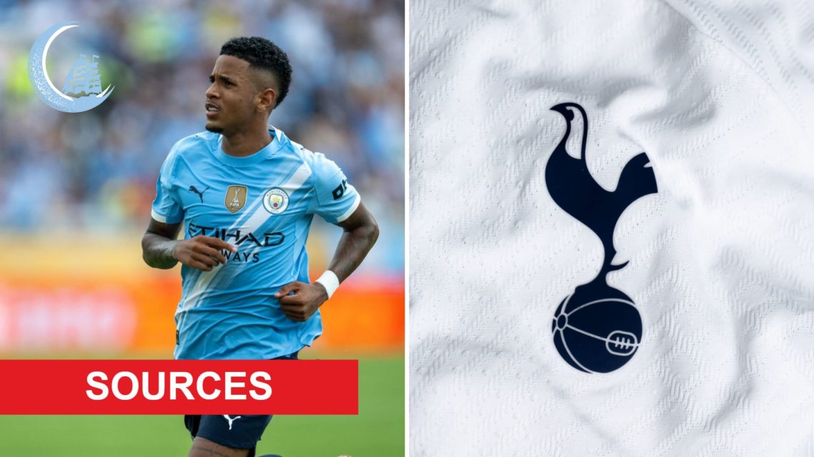 Split Image of Manchester City's Savinho (left) in action and Tottenham Hotspur badge (right) with insets of Sources Banner (bottom left corner) an...