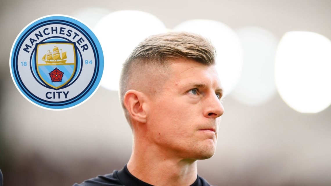 Toni Kroos looking on ahead of Spain's match against Germany at UEFA Euro 2024 (main image) with inset of Manchester City badge (top left corner)