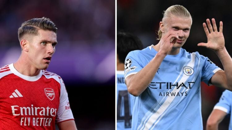Split Image of Arsenal's Viktor Gyokeres looking on (left) and Manchester City's Erling Haaland celebrating (right)