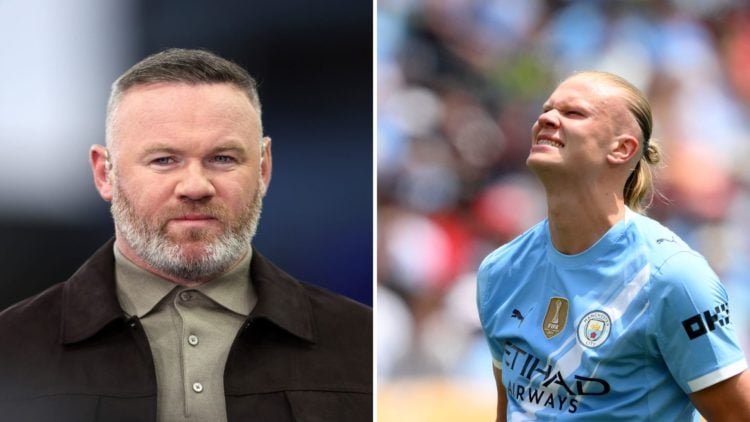 Split Image of Wayne Rooney looking on (left) and Manchester City's Erling Haaland looking frustrated (right)
