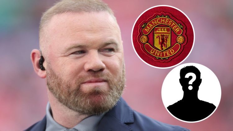 Wayne Rooney looking on (main image) with insets of mystery player (bottom right corner) and Manchester United crest (top right corner)