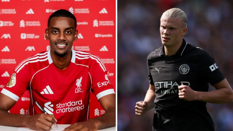 Split image - Alexander Isak signing his Liverpool contract (left) Erling Haaland in action for Man City (right)