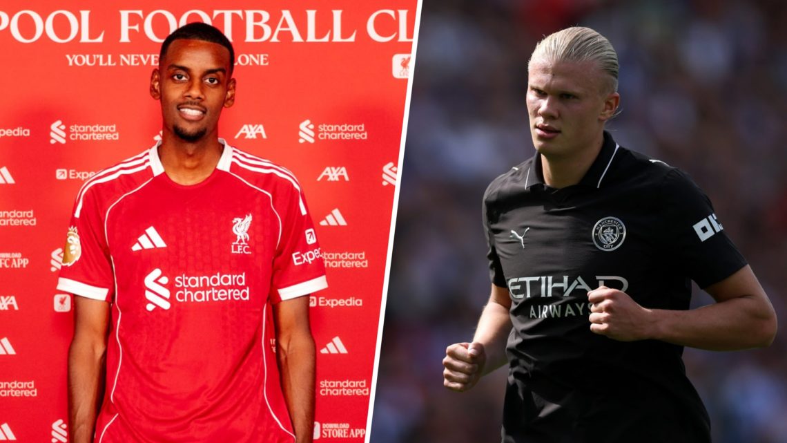Split image - Alexander Isak after signing for Liverpool (left) Erling Haaland in action for Man City (rigth)