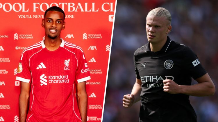 Split image - Alexander Isak after signing for Liverpool (left) Erling Haaland in action for Man City (rigth)