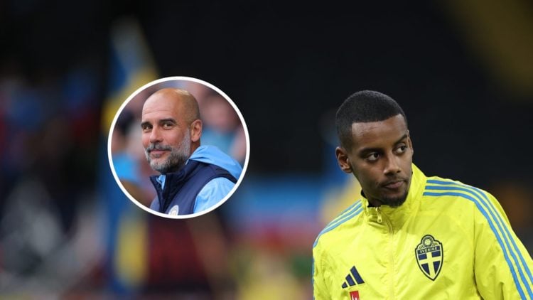 Alexander Isak with inset of Manchester City manager Pep Guardiola