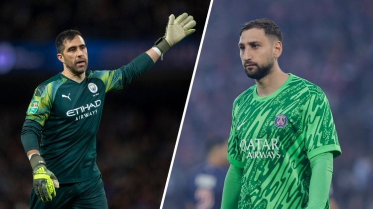 Split image - Claudio Bravo with his hand in the air (left) Gianluigi Donnarumma in action for PSG (right)
