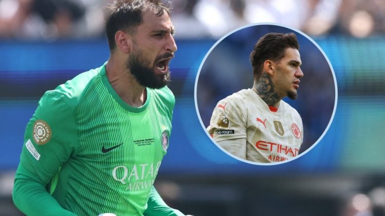 Gianluigi Donnarumma celebrating in a PSG game. Inset: Close up of Ederson.