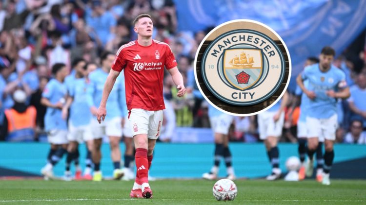 Elliot Anderson with inset of Manchester City badge