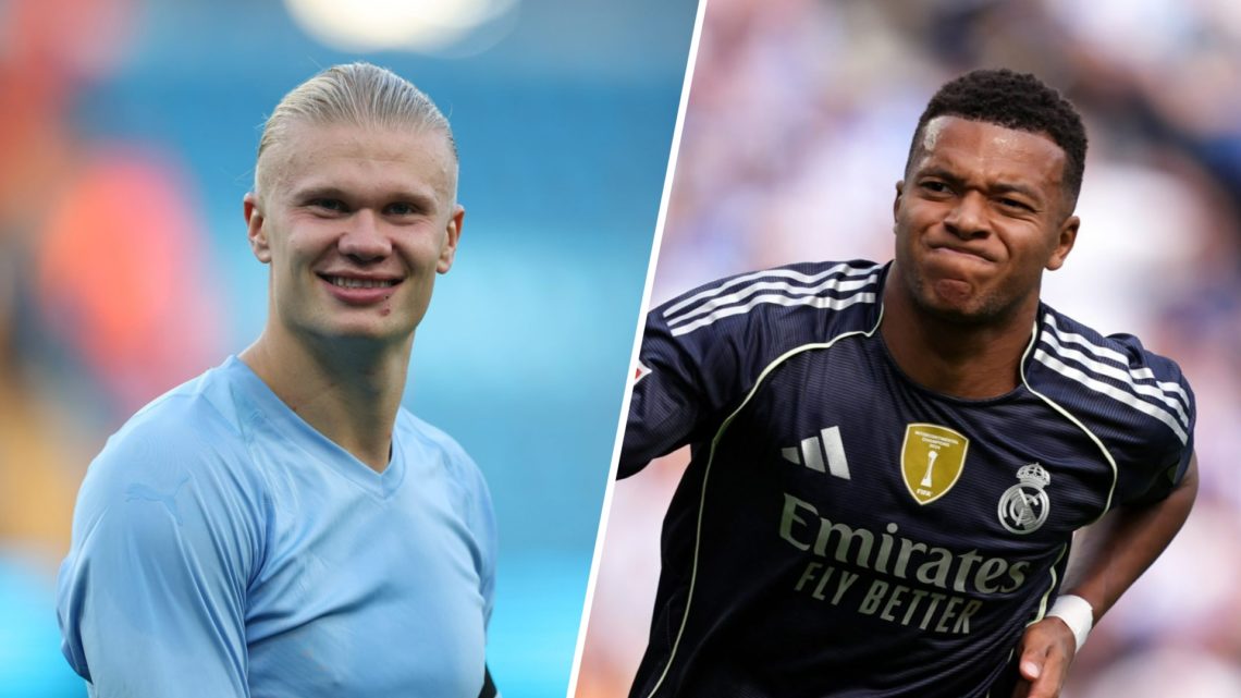 Split image - Erling Haaland with a smile on his face (left) Kylian Mbappe celebrating a goal for Real Madrid (right)