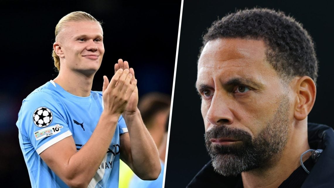 Split image - Erling Haaland clapping his hands (left) Rio Ferdinand doing punditry work (right)