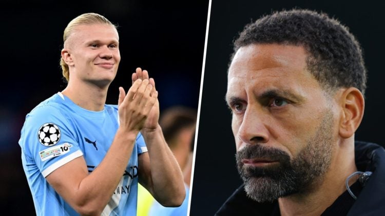 Split image - Erling Haaland clapping his hands (left) Rio Ferdinand doing punditry work (right)