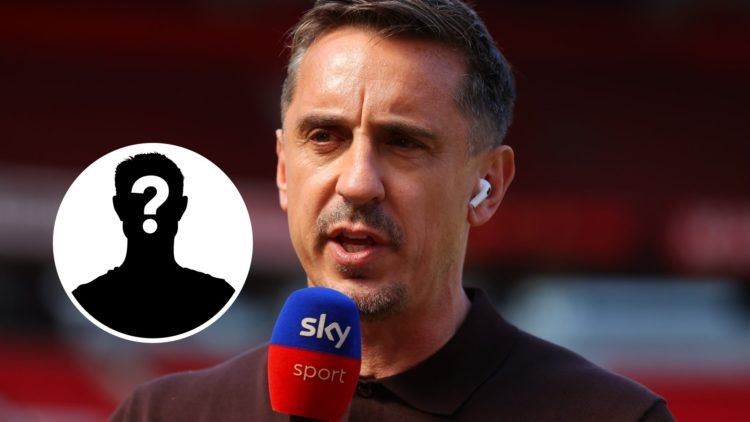 Gary Neville speaking into a Sky Sports microphone (main image) mystery player inset (bottom left corner)