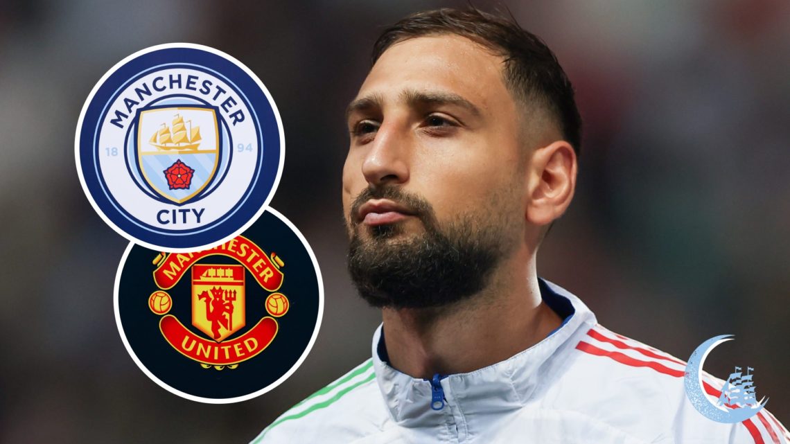 Gianluigi Donnarumma with inset of Manchester City and Manchester United badges