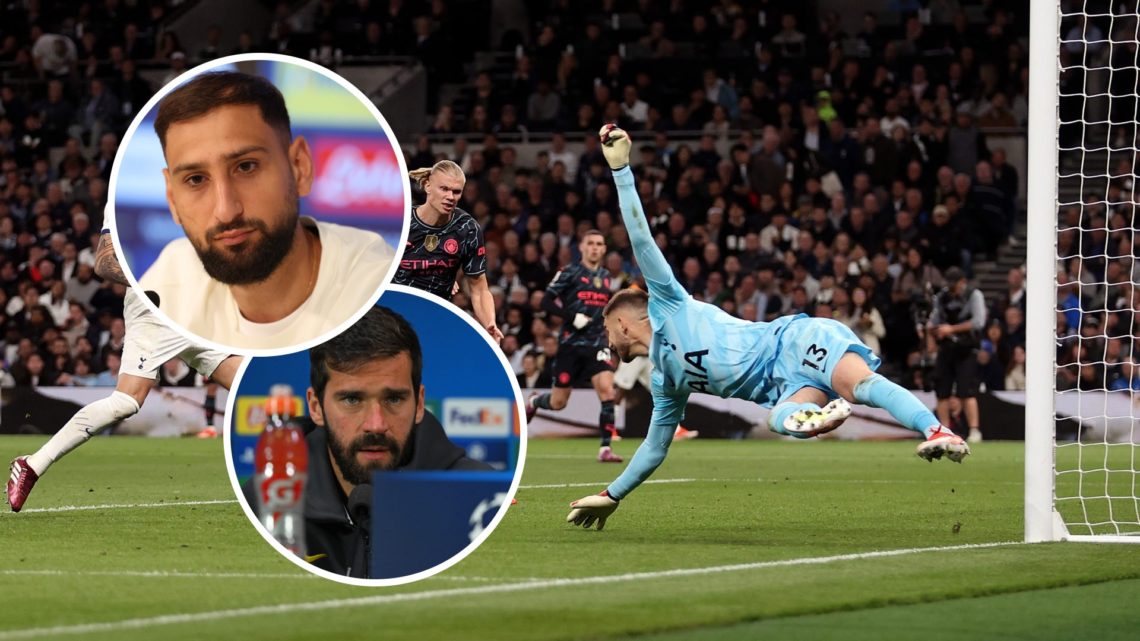 Guglielmo Vicario with inset of Gianluigi Donnarumma and Alisson Becker