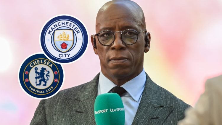 Ian Wright with an ITV microphone in his hand (main image) inset of the Man City crest (top left corner) inset of the Chelsea crest (bottom left co...
