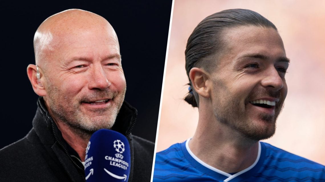 Split image - Alan Shearer speaking into a microphone (left) Jack Grealish smiling while at Everton (right)