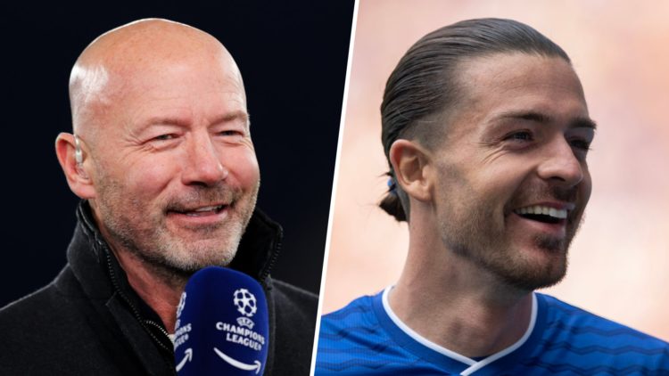 Split image - Alan Shearer speaking into a microphone (left) Jack Grealish smiling while at Everton (right)