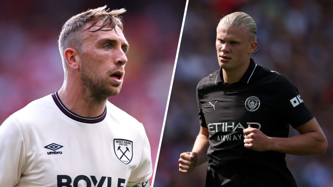 Split image - Close up of Jarrod Bowen in action for West Ham (left) Erling Haaland playing for Man City (right)