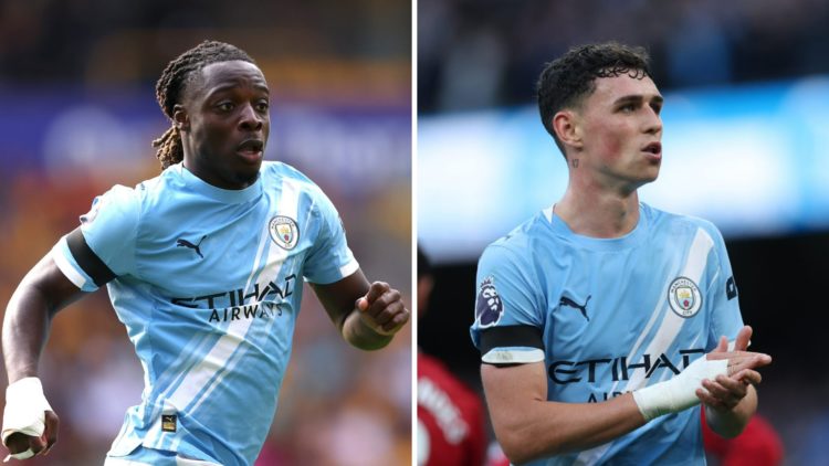 Split image - Jeremy Doku in action for Man City (left) Phil Foden applauds Man City fans (right)