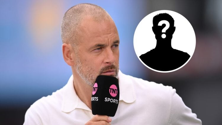 Joe Cole speaking into a TNT Sports microphone (main image) mystery player inset (top right corner)
