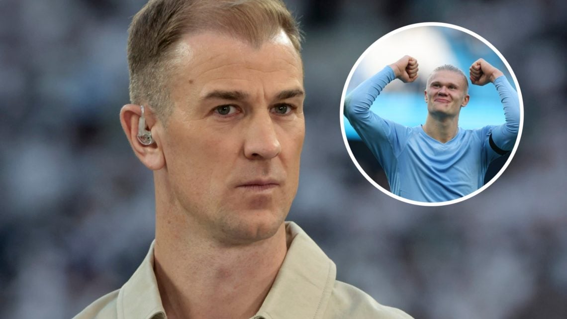 Joe Hart working as a pundit (main image) inset of Erling Haaland with his fists up (top right corner)