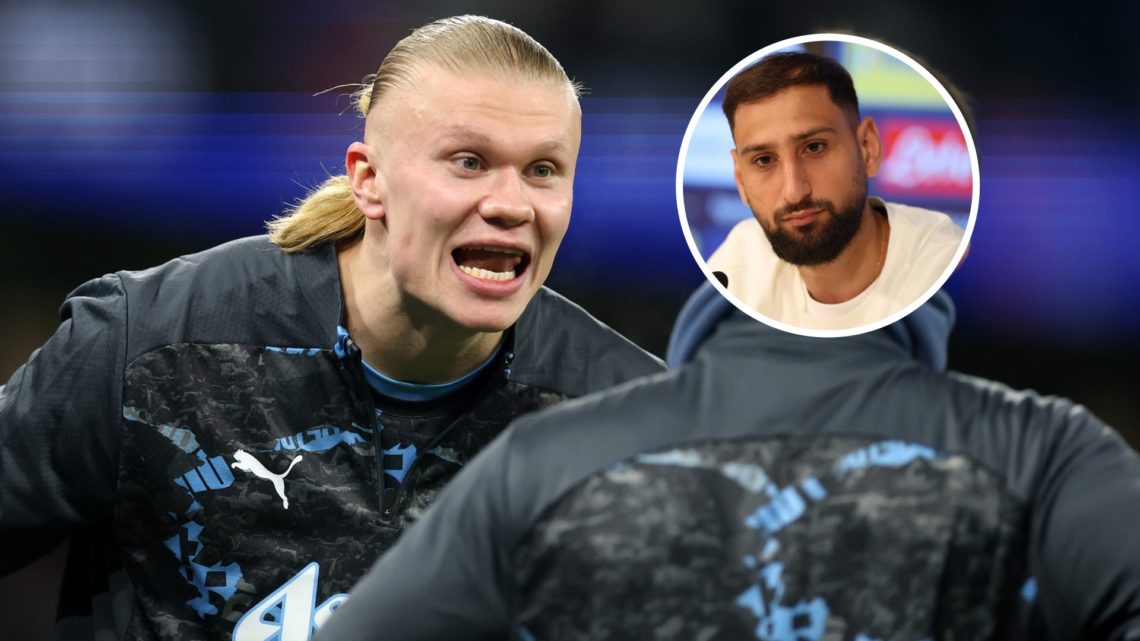 Manchester City striker Erling Haaland with inset of Gianluigi Donnarumma