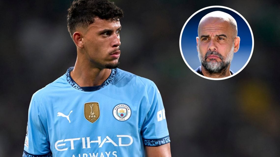 Manchester City midfielder Matheus Nunes with inset of manager Pep Guardiola