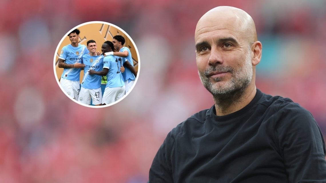 Manchester City manager Pep Guardiola with inset of Jeremy Doku