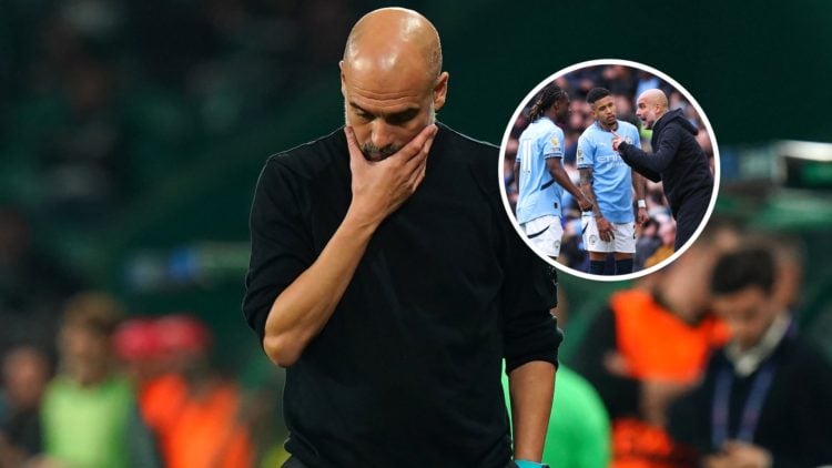 Manchester City manager Pep Guardiola with inset of Jeremy Doku and Savinho