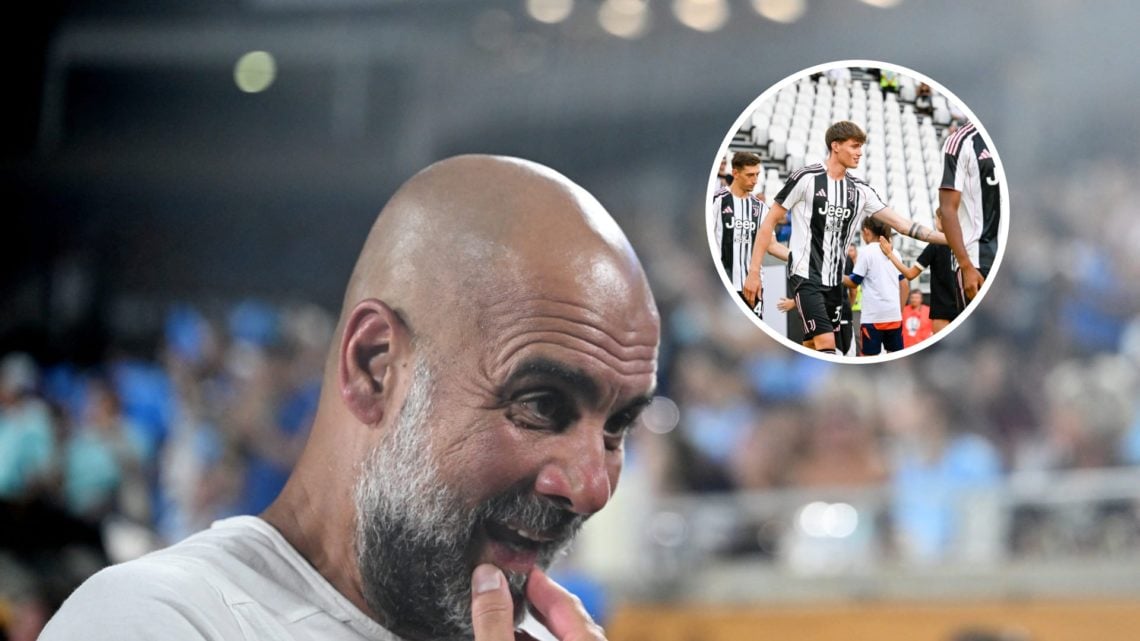 Manchester City manager Pep Guardiola with inset of Nicolo Savona during his time at Juventus