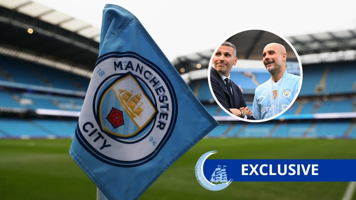 The Etihad Stadium with inset of Manchester City duo Pep Guardiola and Khaldoon Al Mubarak
