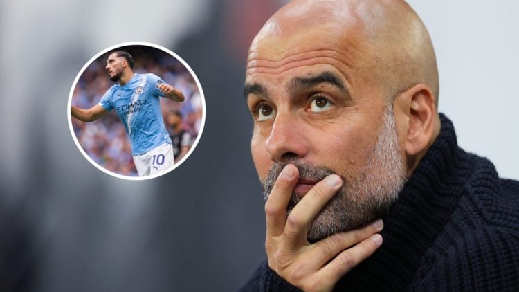 Manchester City manager Pep Guardiola with inset of Rayan Cherki