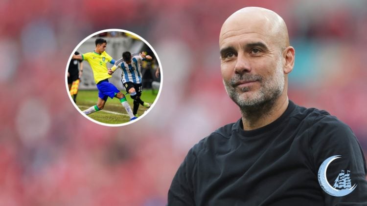 Manchester City manager Pep Guardiola with inset of Vitor Reis and Claudio Echeverri