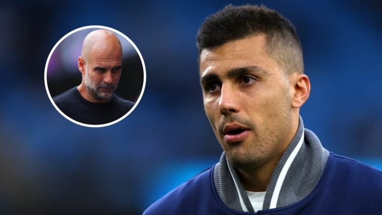 Manchester City midfielder Rodri with inset of Pep Guardiola