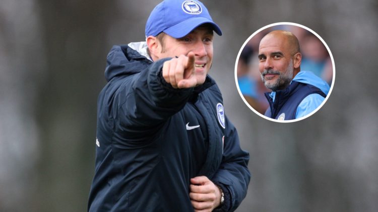 Manchester City academy manager Thomas Kruecken with inset of Pep Guardiola