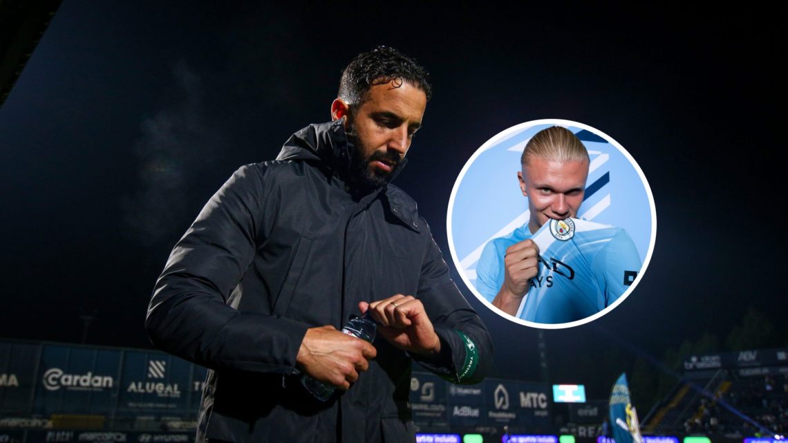 Manchester United manager Ruben Amorim with inset of Manchester City striker Erling Haaland