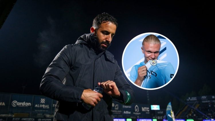 Manchester United manager Ruben Amorim with inset of Manchester City striker Erling Haaland